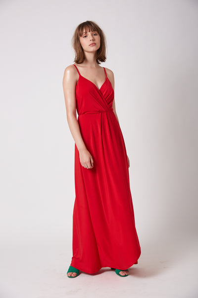 שמלת לונדון אדומה מקסי עם שסע ומפתח מעטפת