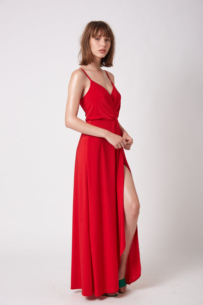 שמלת לונדון אדומה מקסי עם שסע ומפתח מעטפת