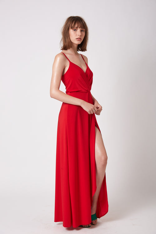 שמלת לונדון אדומה מקסי עם שסע ומפתח מעטפת