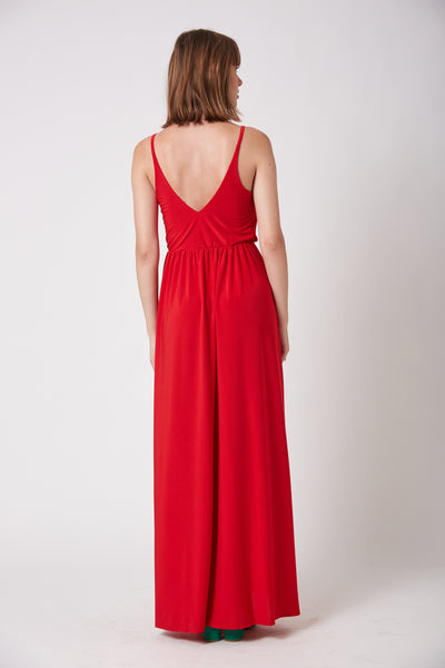שמלת לונדון אדומה מקסי עם שסע ומפתח מעטפת